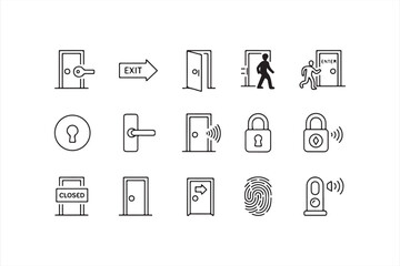 Security and Access Door Icons with Padlocks, Keys, and Biometric Symbols
