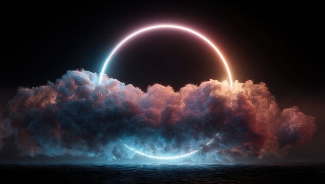 Neon circle framed by clouds over water