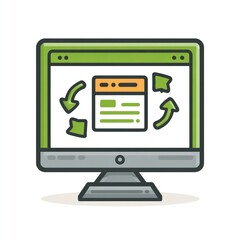 Computer monitor displaying a document with circular arrows, suggesting update or revision