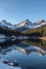 Snowy mountain peaks reflecting in a serene alpine lake.