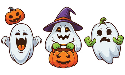 Cute Halloween Ghost Clipart with Pumpkins and Witch Hats – Spooky Cartoon Set

