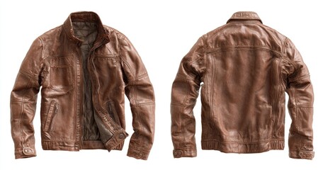 Front and back views of a tan leather jacket
