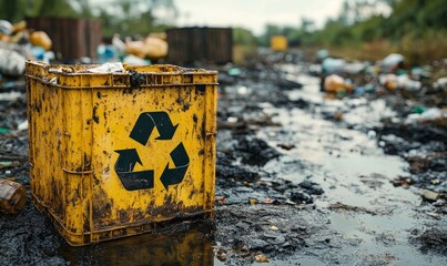 Hazardous waste materials marked with a recycle sign, representing the challenges posed by ineffective waste management systems and the environmental impact of pollution, Generative AI