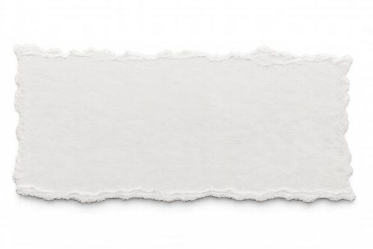 Rectangular piece of torn white paper with transparent background, ideal for adding a realistic touch to designs