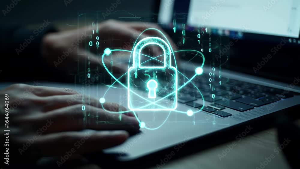 Poster digital security padlock hovering above laptop keys with typing hands close up on blurred background