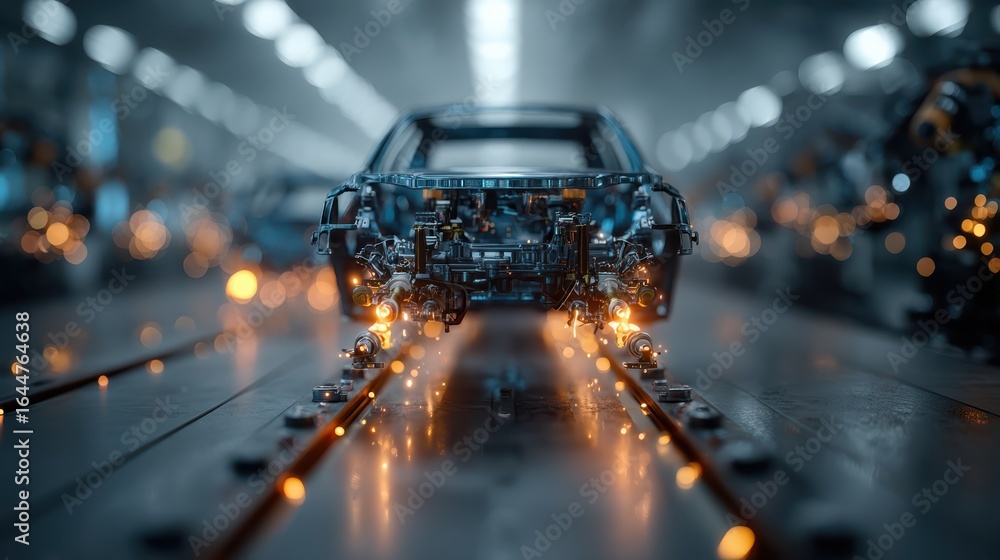 Poster a futuristic car assembly line featuring a partially constructed vehicle with glowing elements and a