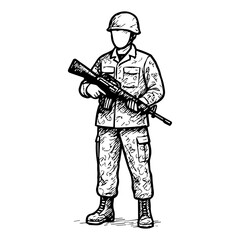 Armed Soldier with Rifle in Combat Gear Hand-Drawn Illustration