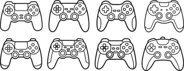 set of game controller line art, coloring book page line art drawing, vector and illustration