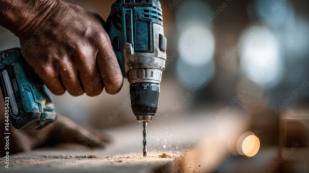 Poster a close-up of a hand using a power drill on wood, showcasing craftsmanship and precision in a well-l