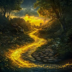 Dream River A flowing river of liquid light winding through an enchanted landscape fluid and mesmerizing