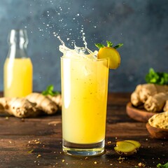 Refreshing ginger drink in tall glass with ice, garnished with mint and ginger slice; ginger root in background