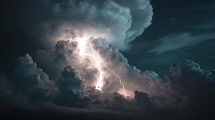 Lightning striking through dark clouds during a stormy night atmosphere