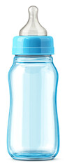 A baby bottle with a plastic mouth, transparent and blue in color, against a white or white background.
