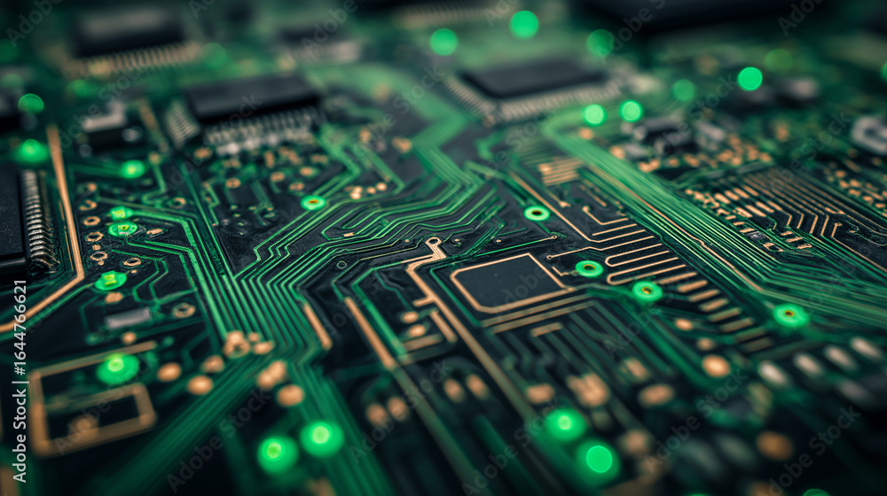 Poster a close up view of a green and black computer circuit board with lights