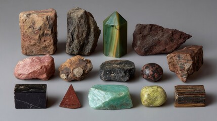 Collection of various shapes and colored stones arranged on a flat surface
