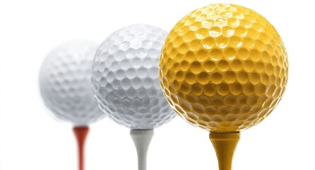 Three golf balls, two white and one bright yellow, sit atop golf tees against a white background.  Close-up focus on the yellow ball
