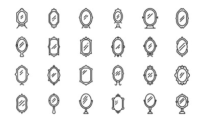 Vintage and Modern Mirror Icon Set – Elegant Oval, Round, and Rectangular Frame Designs in Minimal Line Art Style for Home Decor, Vanity, and Interior Design Projects.eps