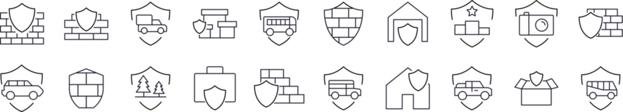 Protection with Shield Minimalistic Images Drawn with Thin Line. Collection of Various Design Elements that Can Be Used for Apps, Articles, Web Sites, Social Media