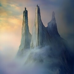 Dreambound Towers Tall surreal towers emerging from a sea of softly glowing mist majestic and mysterious