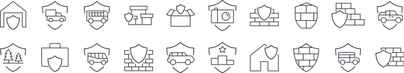 Protection with Shield Pictograms Drawn with Thin Line. Collection of Various Design Elements that Can Be Used for Apps, Articles, Web Sites, Social Media