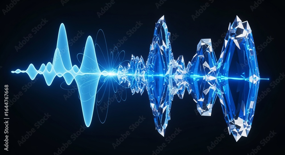 Poster a blue waveform transitioning into crystalline structures on a dark background with a light beam acr