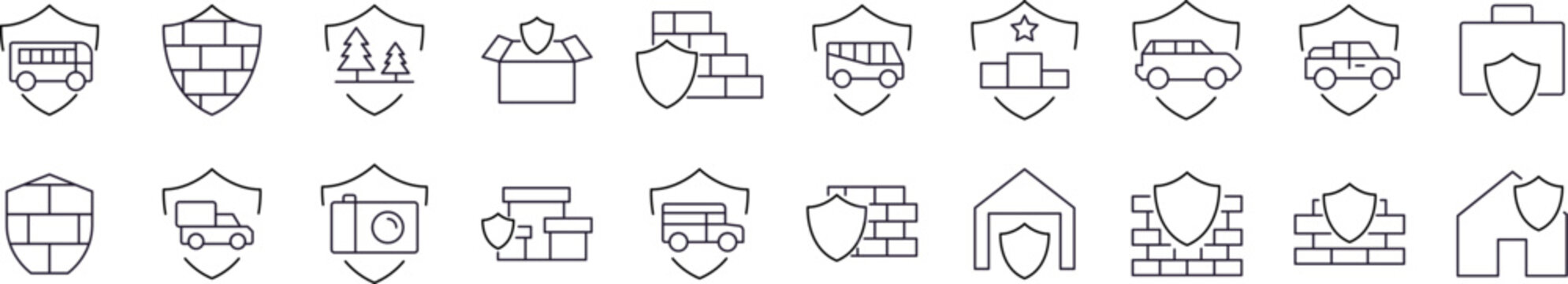 Protection with Shield Editable Strokes Drawn with Thin Line. Collection of Various Design Elements that Can Be Used for Apps, Articles, Web Sites, Social Media