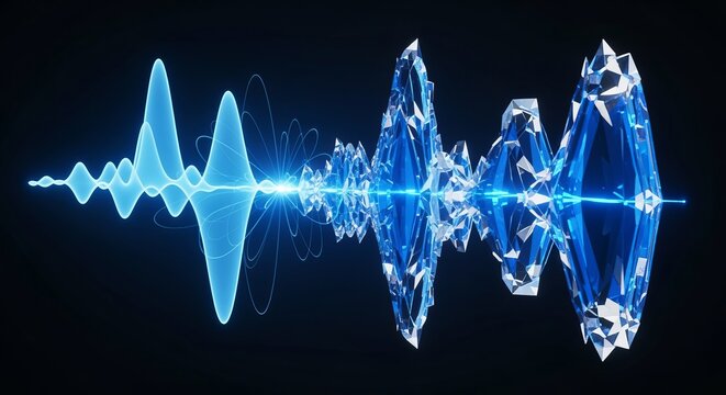 A blue waveform transitioning into crystalline structures on a dark background with a light beam across