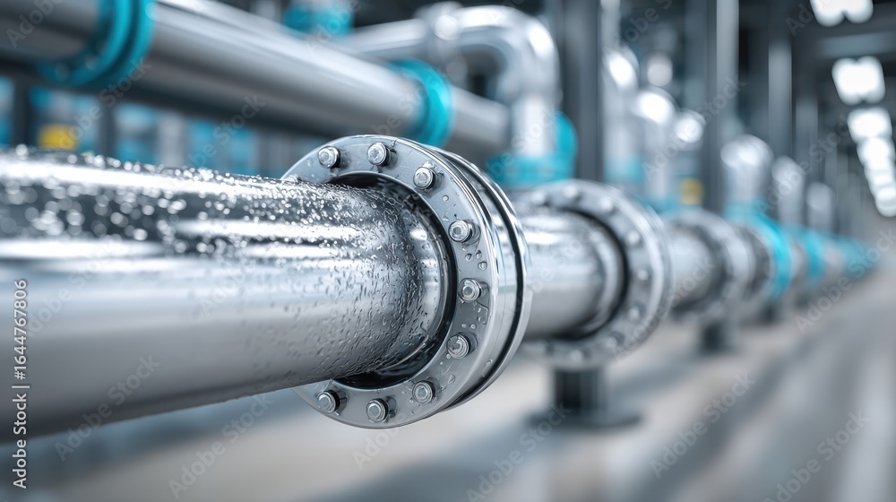 Poster a close-up of metallic piping with visible water droplets, emphasizing industrial design and functio