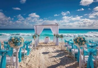 Fototapeta premium Beach wedding ceremony setup. Turquoise accents adorn a white canopy archway on a sandy beach, with chairs and floral arrangements, facing a turquoise ocean