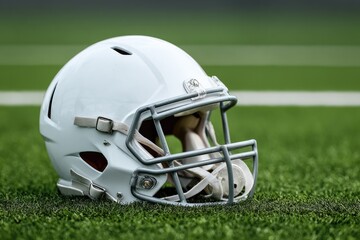 Fototapeta premium A white football helmet rests on a green field