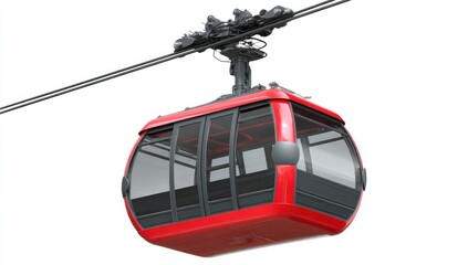 Red cable car cabin suspended by cables against white background