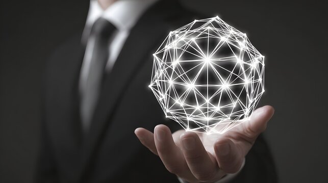 Hand holding a glowing network sphere.