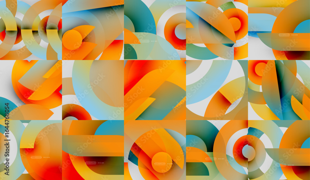 Poster abstract geometric patterns, vibrant colors, orange, teal, blue. circular shapes overlap creating dy