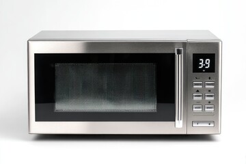 Fototapeta premium Stainless steel microwave oven on a white background. The microwave has a digital display showing a time