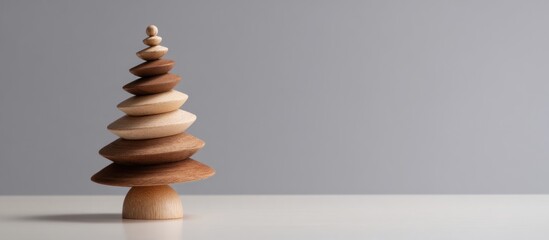 Stacked wooden discs form tree shape, light & dark tones on white surface