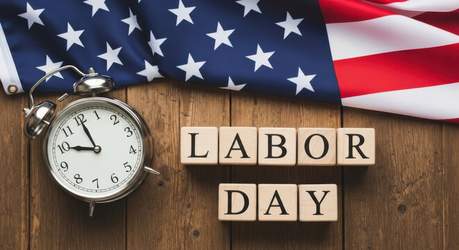 Labor day spelled out in wooden blocks with american flag and vintage clock - Powered by Adobe