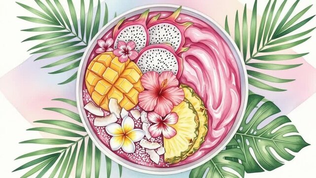 tropical smoothie bowl exotic fruits healthy summer illustration