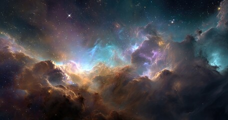 Deep space nebula, swirling clouds of cosmic dust and gas, vibrant colors, stars scattered throughout