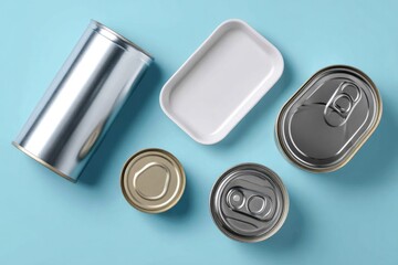 Overhead view of various metal food cans and a tray
