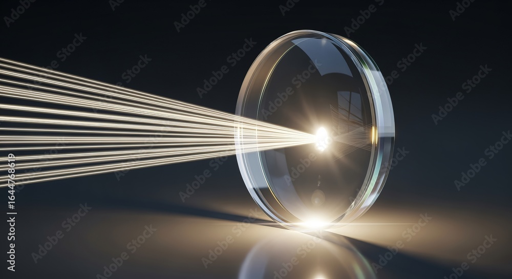 Aufkleber a beam of light passing through a clear lens with a dark background and a reflective surface below i
