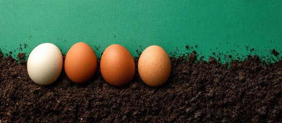 Row of eggs in varying brown tones resting on dark soil, green background