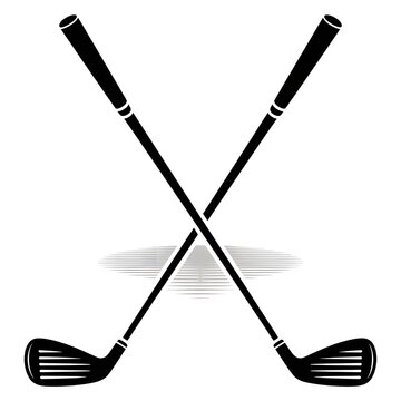 Two black golf clubs crossed with a shadow effect in the center on a white background illustration