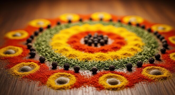 Colorful spices arranged in a concentric circle pattern on a wood surface - Powered by Adobe