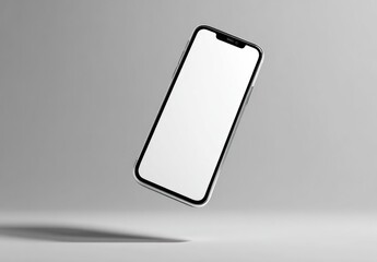 Floating smartphone, blank screen, light gray background
