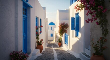 Picturesque Santorini Alleyway: White Buildings, Blue Accents, and Floral Touches