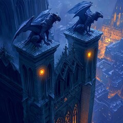 Dreaming Gargoyles Mystical gargoyles perched atop a fantastical cathedral with glowing eyes eerie and majestic