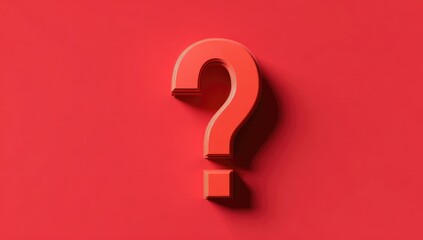 A bright coral-red question mark symbol stands out against a solid, vibrant red background. The question mark is a 3D, layered design, appearing slightly raised off the surface