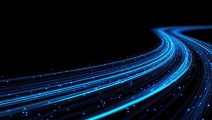 Abstract light trails curving across a dark background. A series of blue light streaks, radiating and flowing, create a dynamic sense of movement and speed.