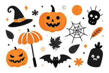 Whimsical Halloween Illustration Witch Hat, Pumpkins, Bat, Skull and More, Isolated on White