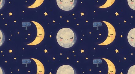 Naklejka premium Whimsical Night Sky Pattern with Sleeping Moons, Twinkling Stars, and Smiling Solar Panels
